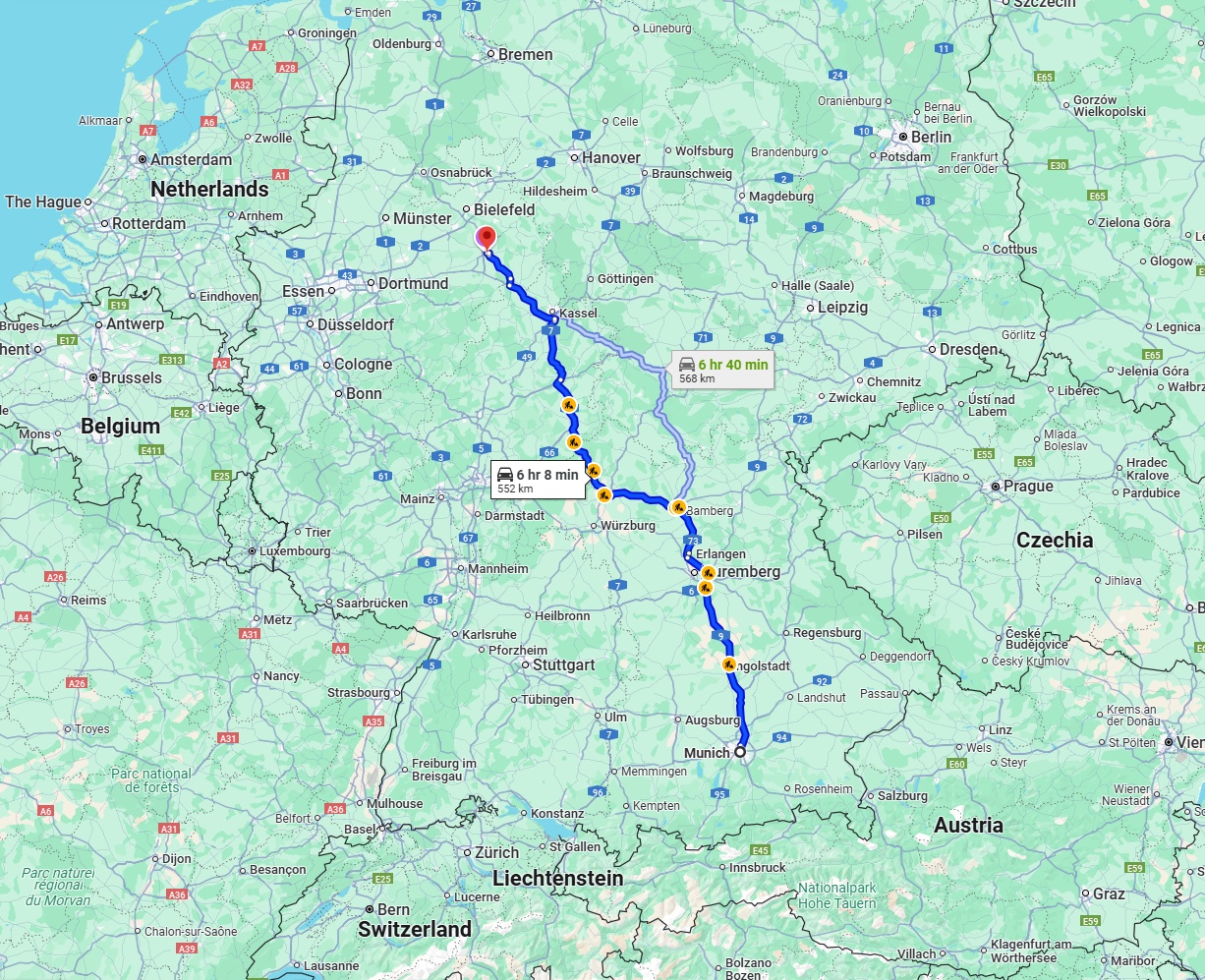 Anreise von München Zu Paderborn Über via A9 and A7