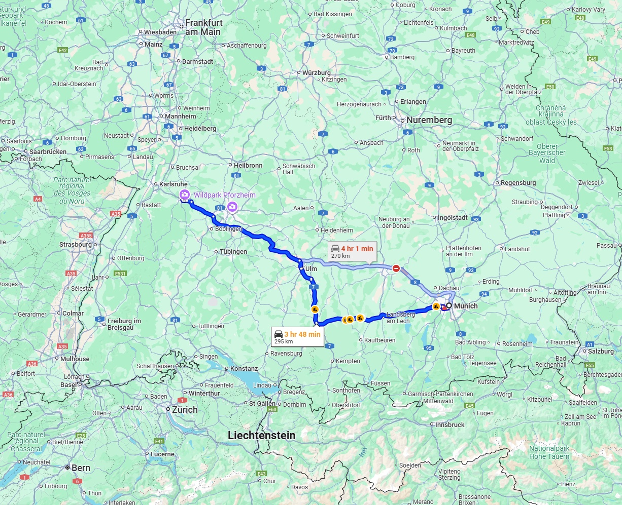 Anreise von München Zu Pforzheim Über via A96 and A8