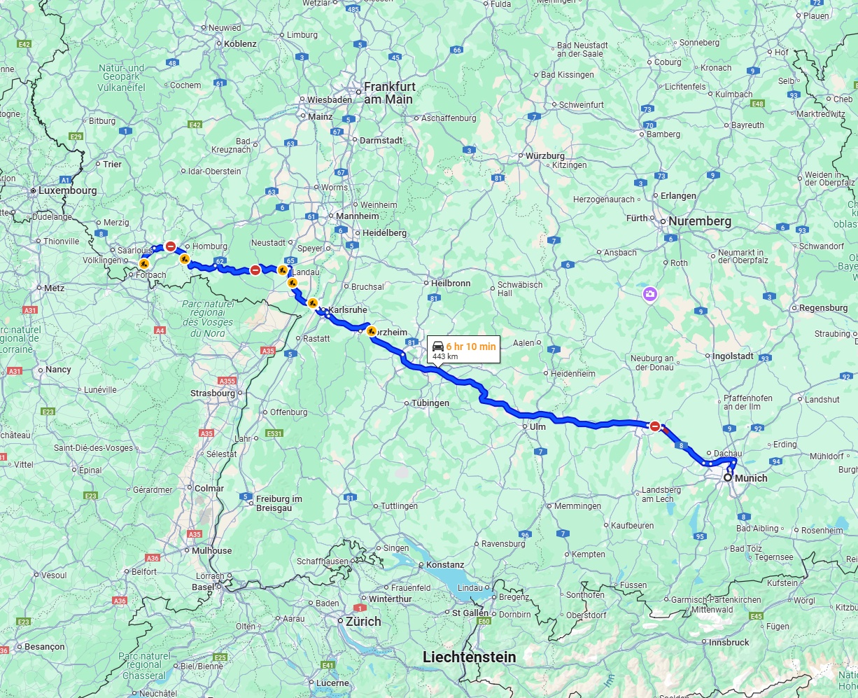 Anreise von München Zu Saarbrücken Über via A8