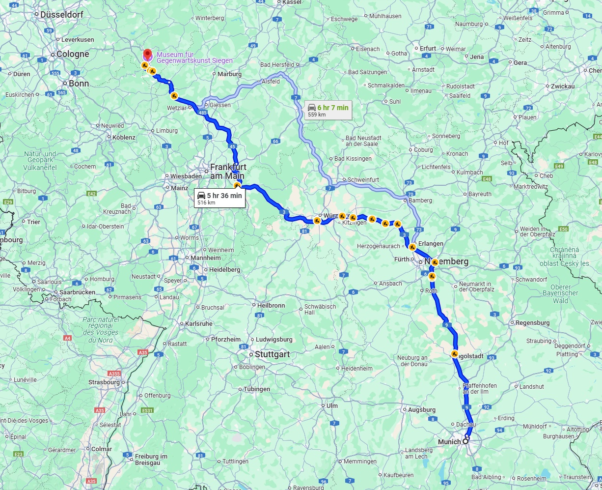 Anreise von München Zu Siegen Über via A9, A3 and A45