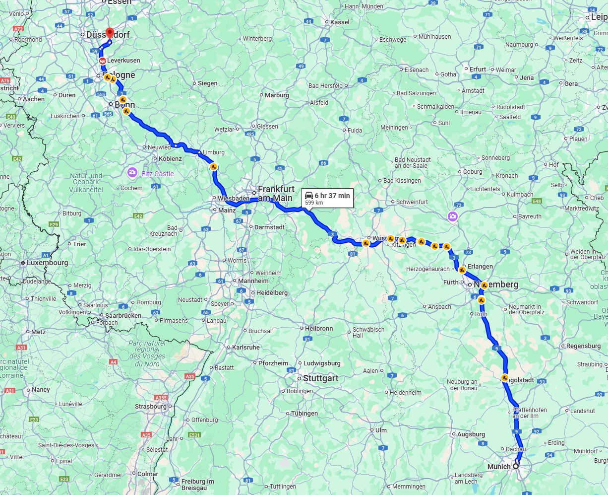 Anreise von München Zu Solingen Über via A9 and A3