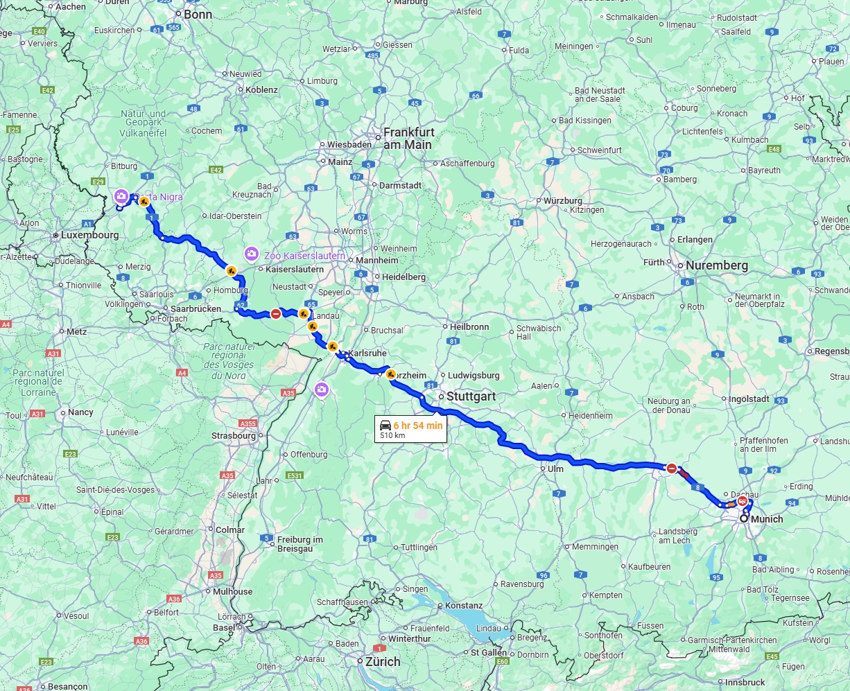 Anreise von München Zu Trier Über via A8