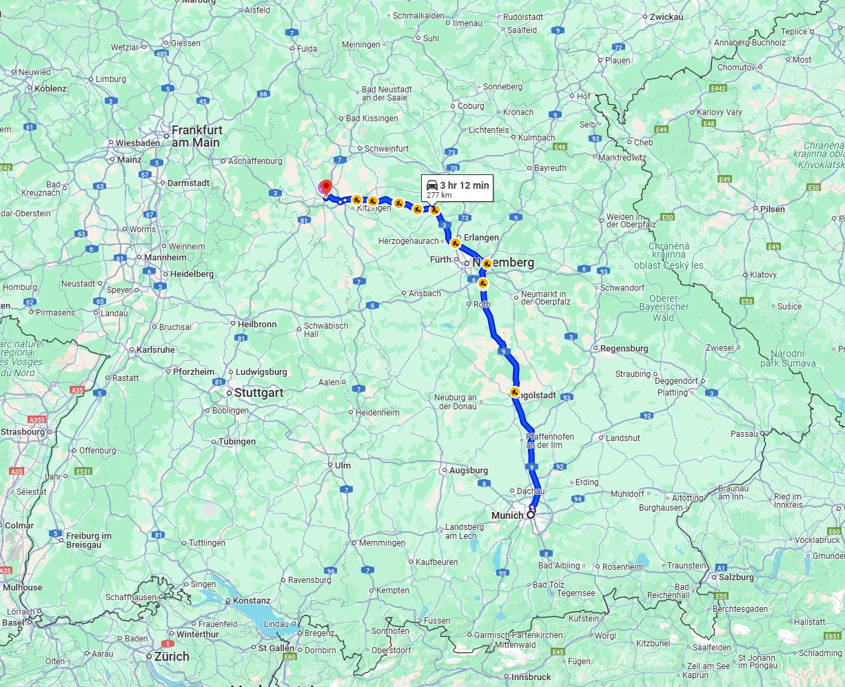 Anreise von München Zu Würzburg Über via A9 and A3