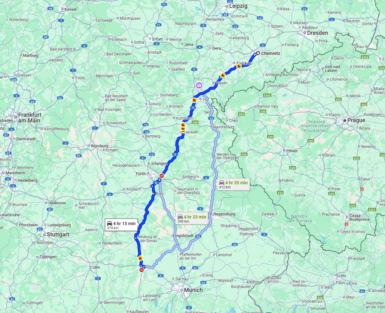 Anreise von Chemnitz Zu Augsburg Über via A72, A9 and B2