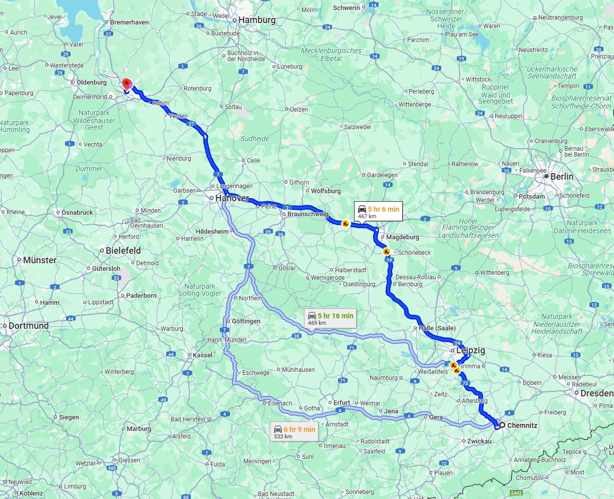 Anreise von Chemnitz Zu Bremen Über via A14 and A2
