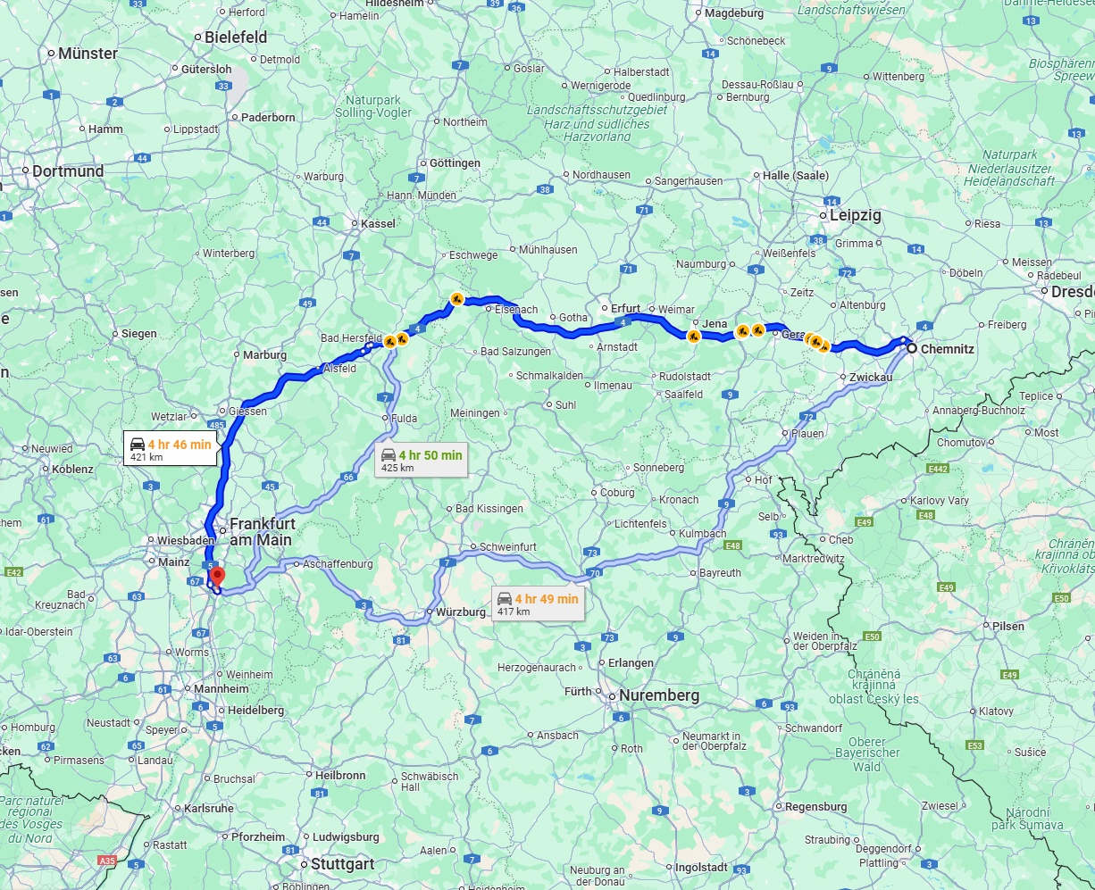 Anreise von Chemnitz Zu Darmstadt Über via A4 and A5