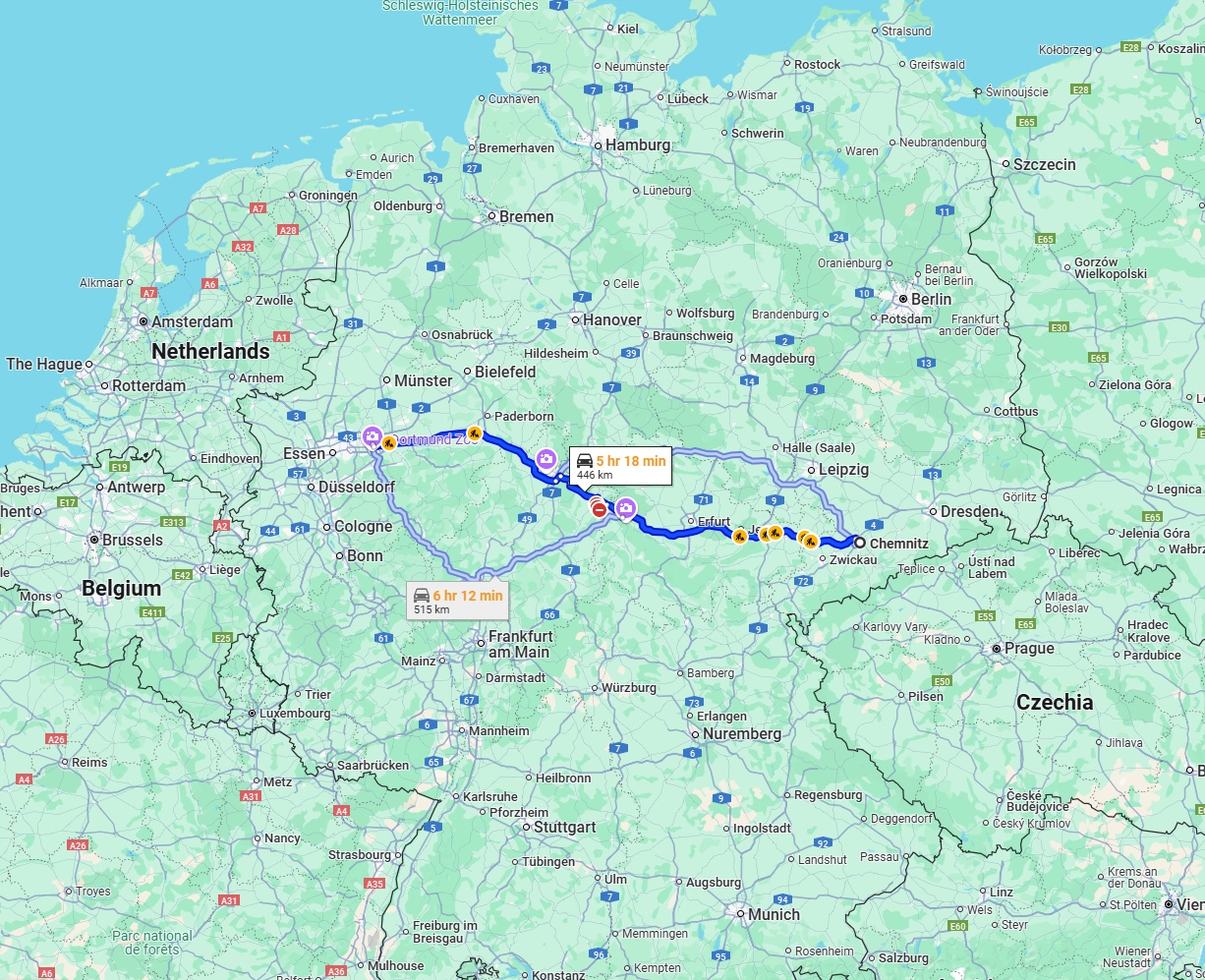 Anreise von Chemnitz Zu Dortmund Über via A4 and A44