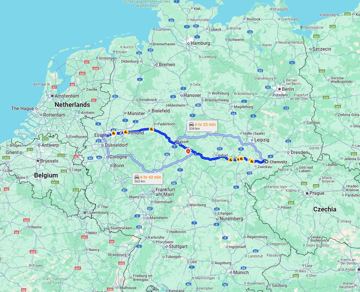Anreise von Chemnitz Zu Duisburg Über via A4 and A44