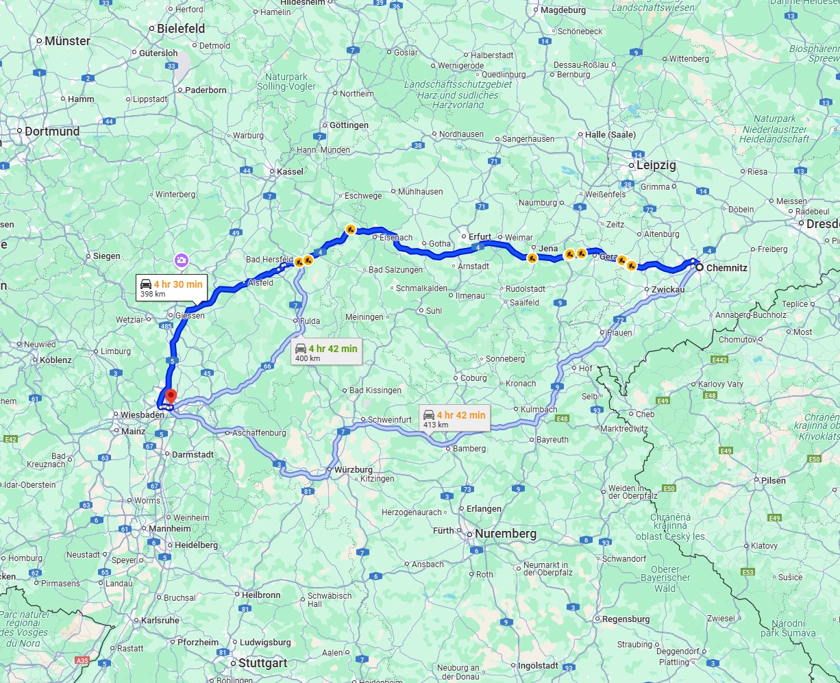 Anreise von Chemnitz Zu Frankfurt am Main Über via A4 and A5