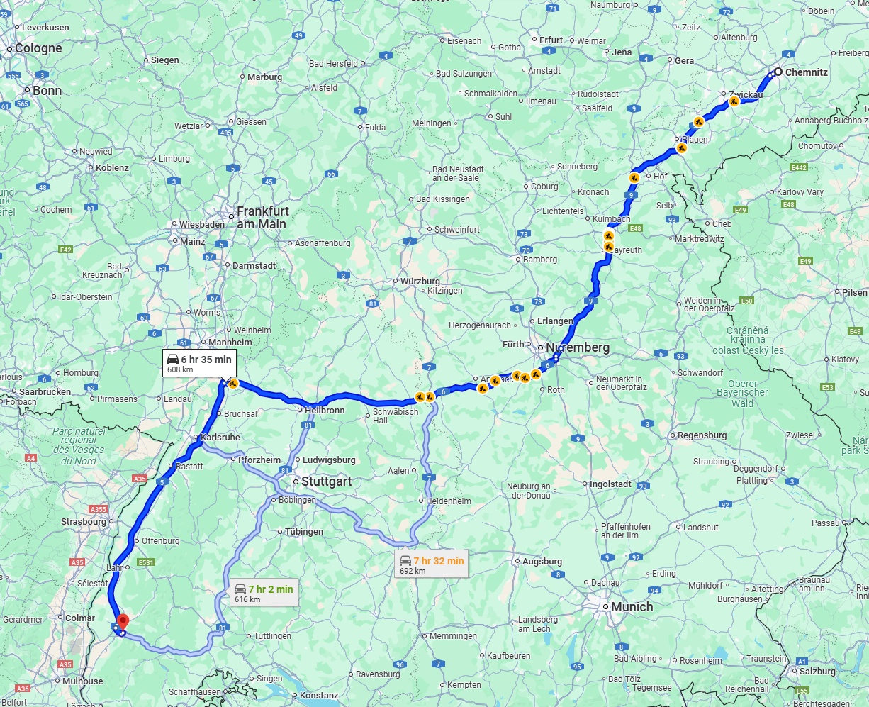 Anreise von Chemnitz Zu Freiburg im Breisgau Über via A6 and A5