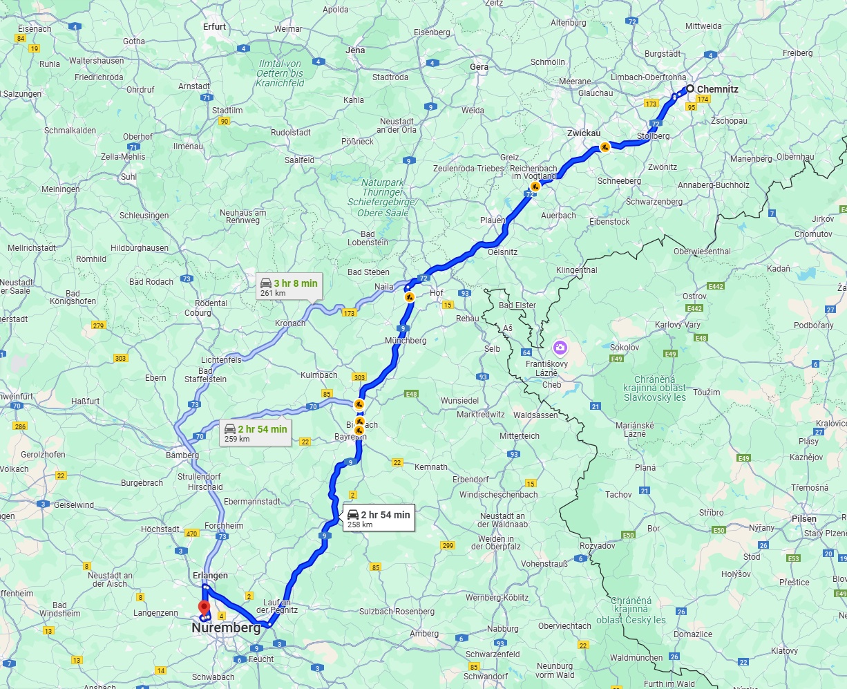 Anreise von Chemnitz Zu Fürth Über via A72 and A9
