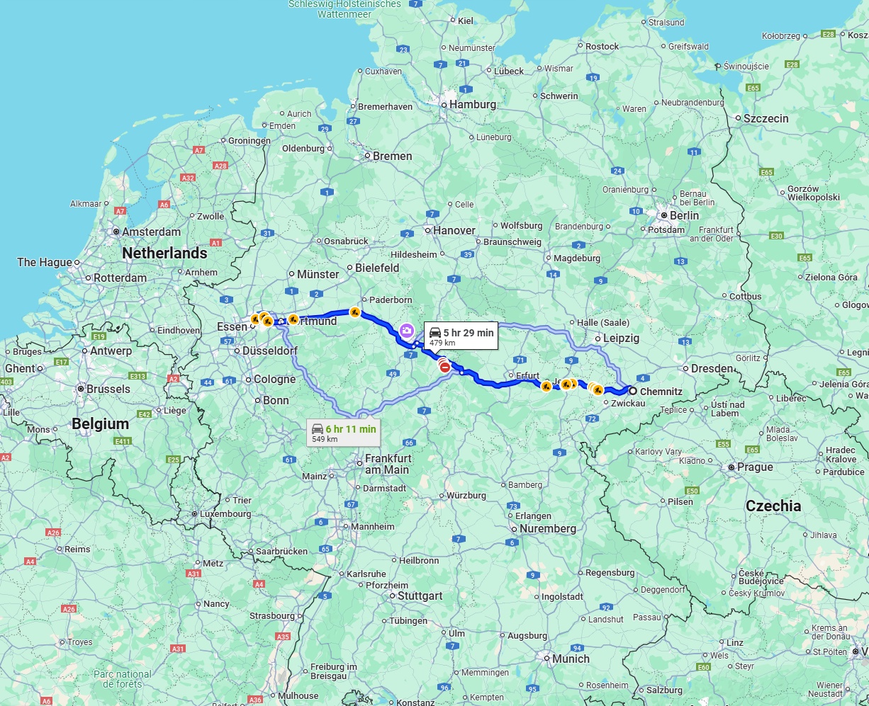 Anreise von Chemnitz Zu Gelsenkirchen Über via A4 and A44