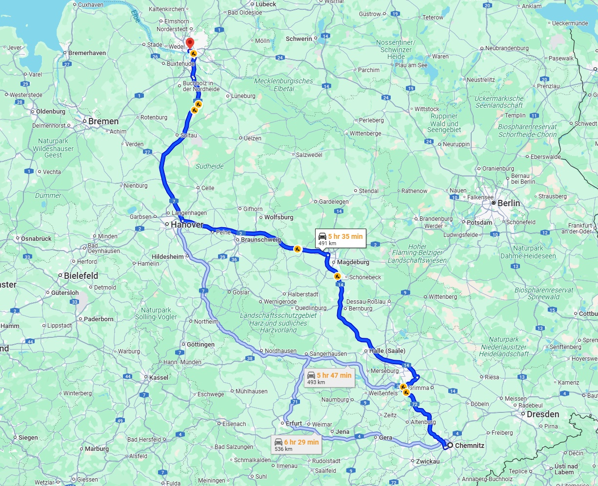 Anreise von Chemnitz Zu Hamburg Über via A14 and A7
