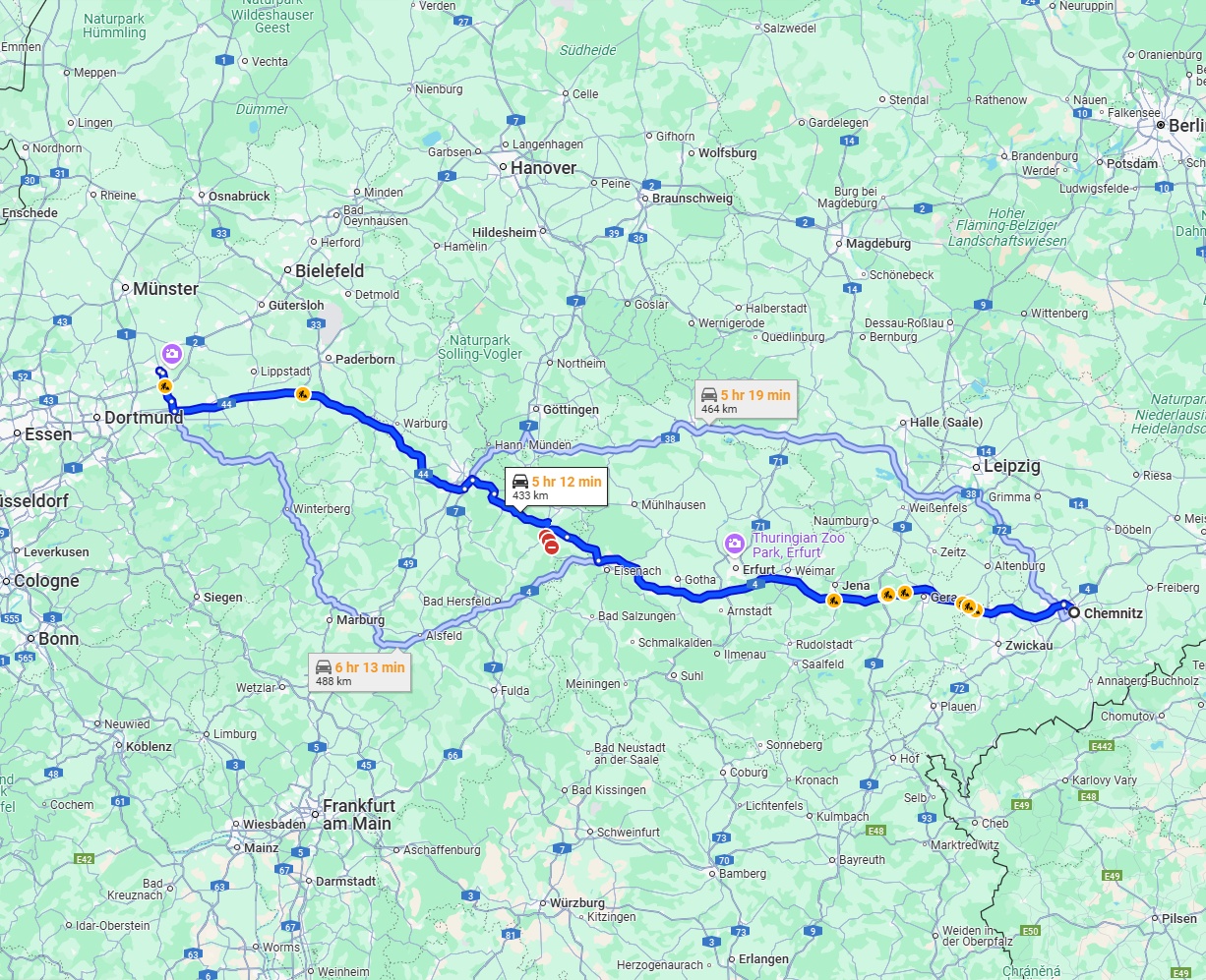 Anreise von Chemnitz Zu Hamm Über via A4 and A44