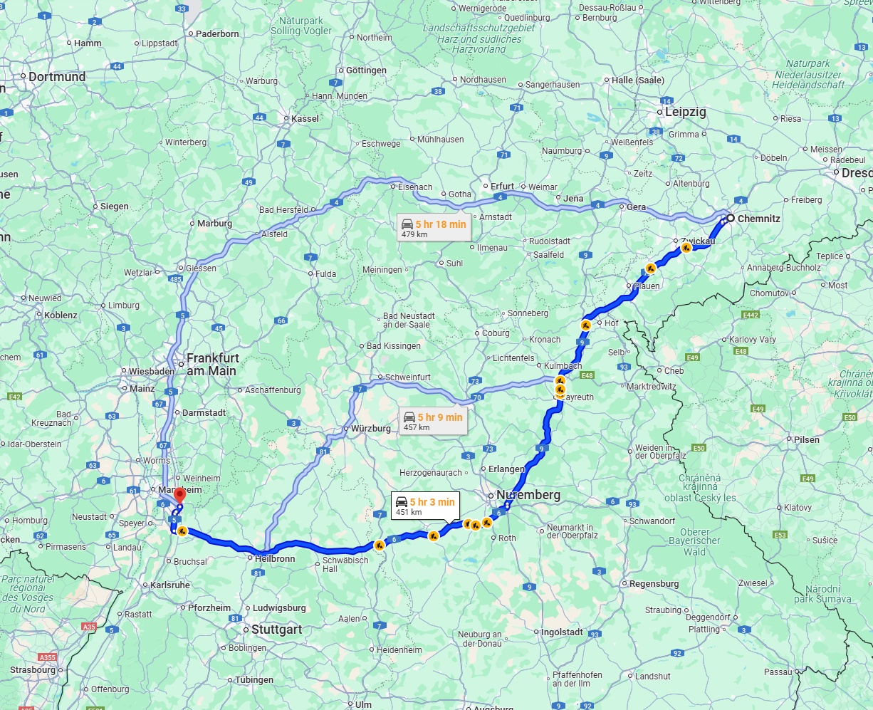 Anreise von Chemnitz Zu Heidelberg Über via A9 and A6