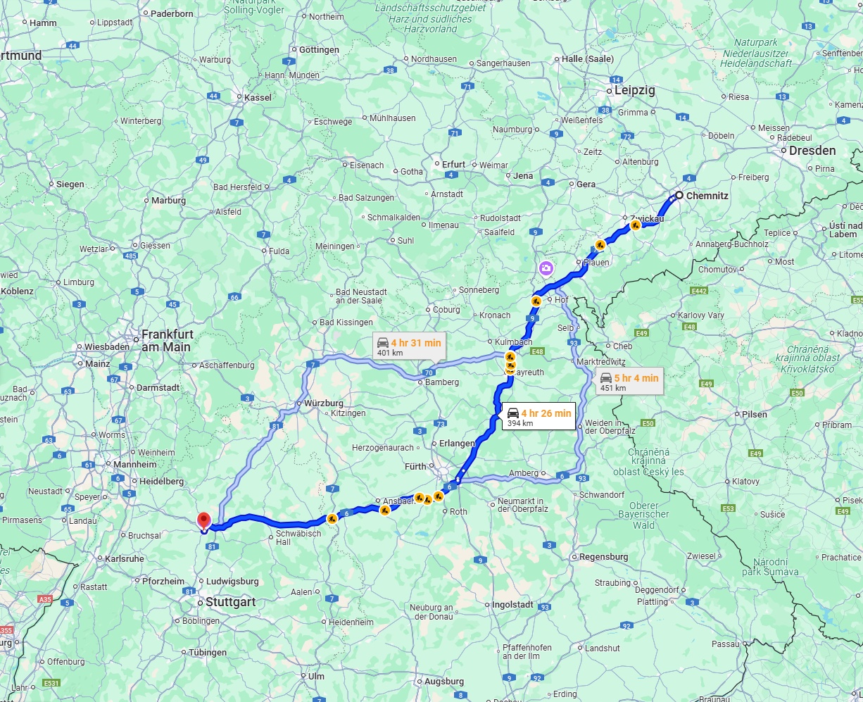 Anreise von Chemnitz Zu Heilbronn Über via A72, A9 and A6