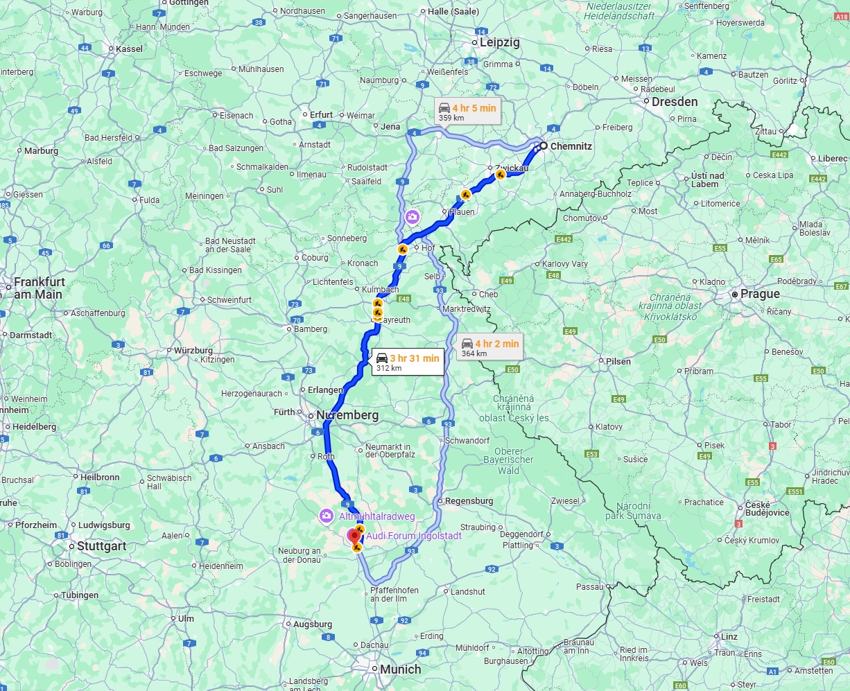 Anreise von Chemnitz Zu Ingolstadt Über via A72 and A9