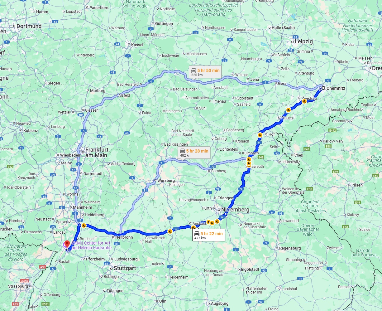 Anreise von Chemnitz Zu Karlsruhe Über via A9 and A6