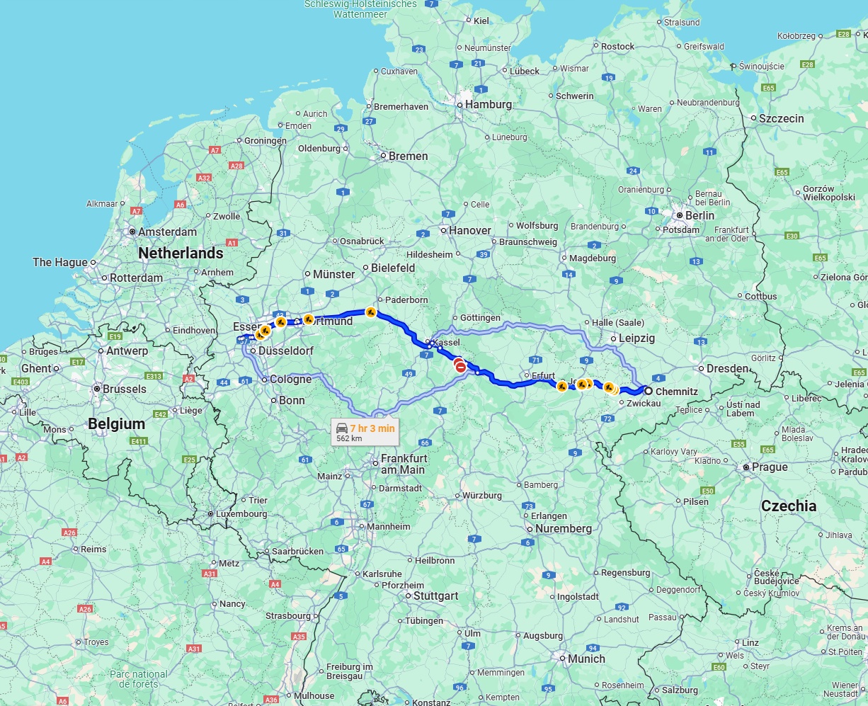 Anreise von Chemnitz Zu Krefeld Über via A4 and A44