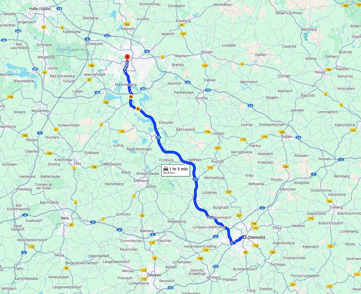 Anreise von Chemnitz Zu Leipzig Über via A72