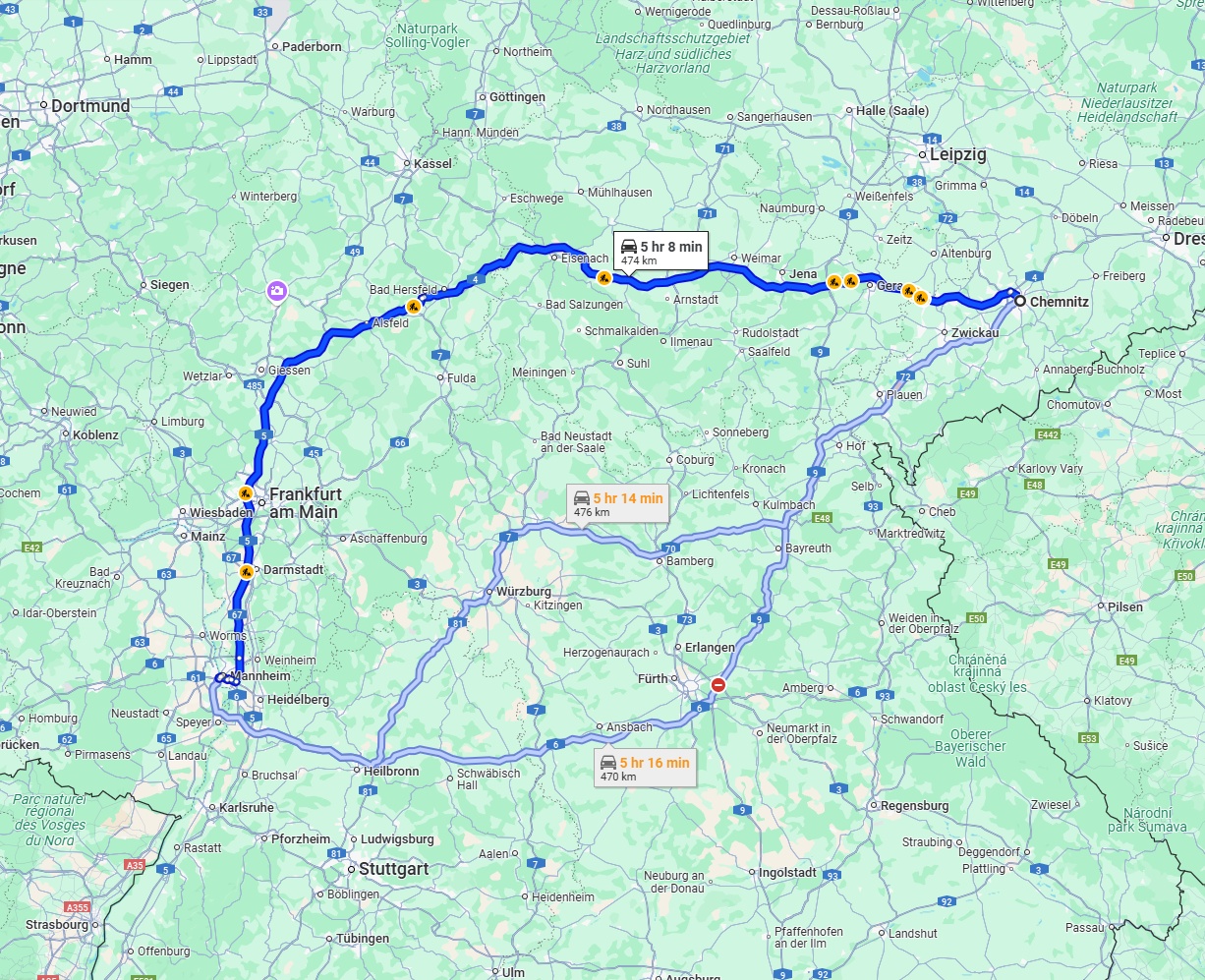 Anreise von Chemnitz Zu Ludwigshafen am Rhein Über via A4 and A5
