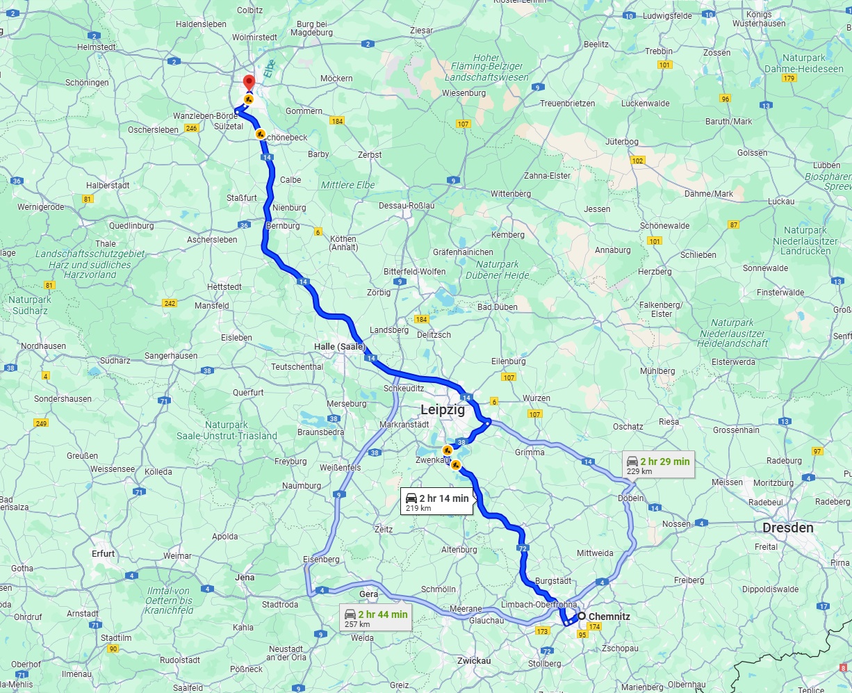 Anreise von Chemnitz Zu Magdeburg Über via A72 and A14
