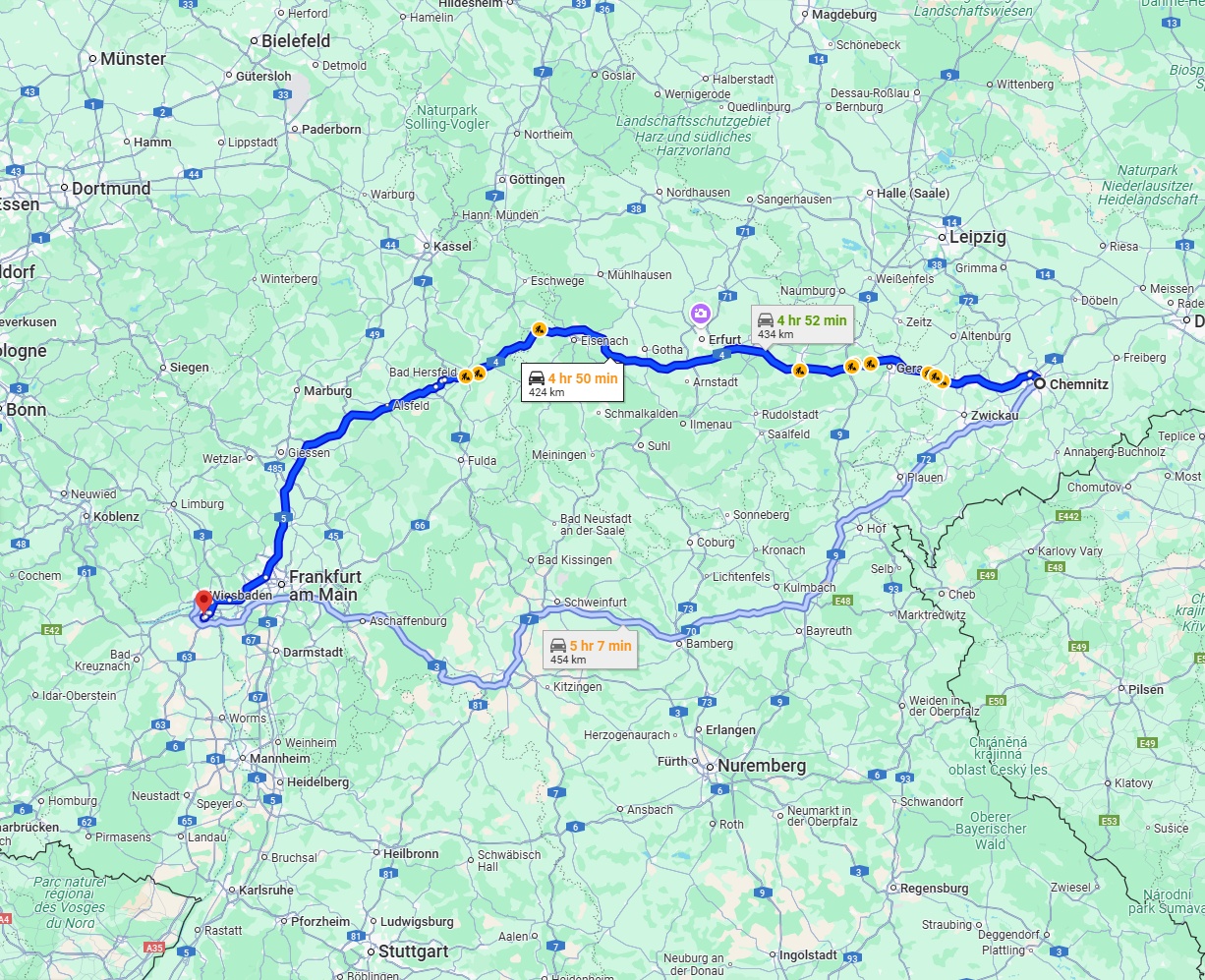 Anreise von Chemnitz Zu Mainz Über via A4 and A5