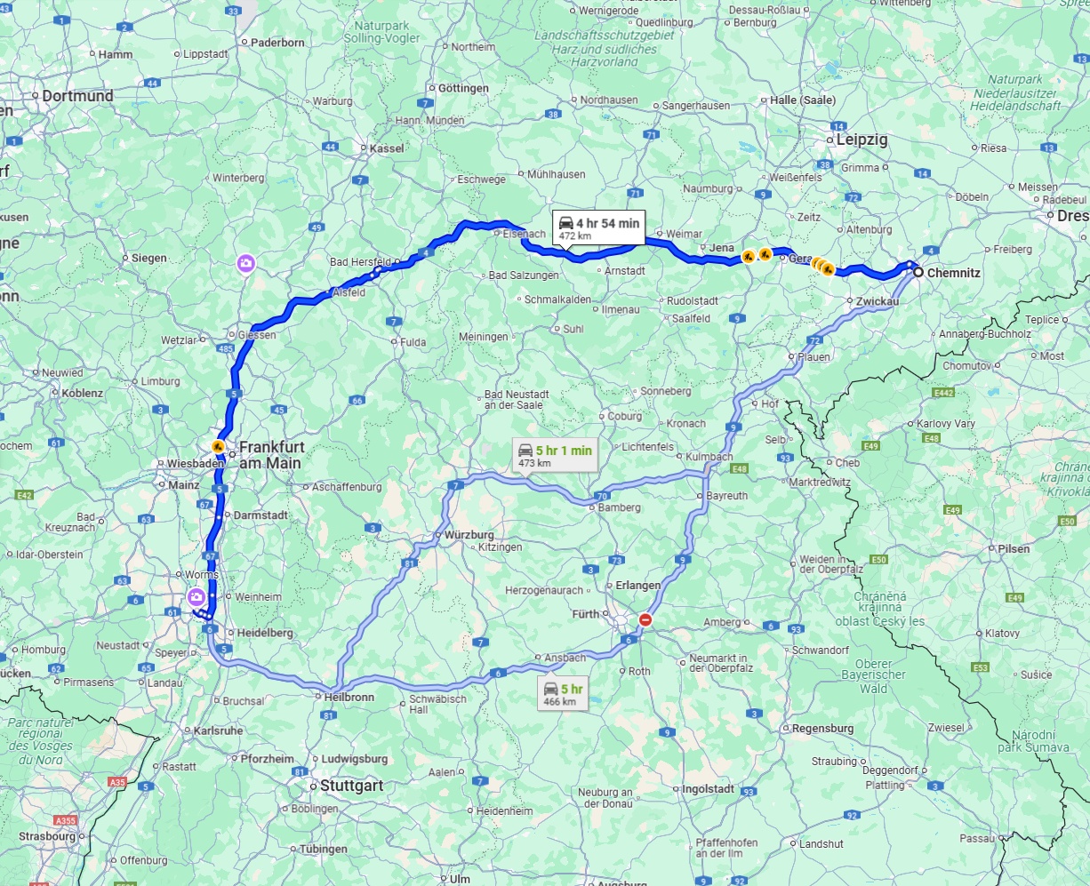 Anreise von Chemnitz Zu Mannheim Über via A4 and A5