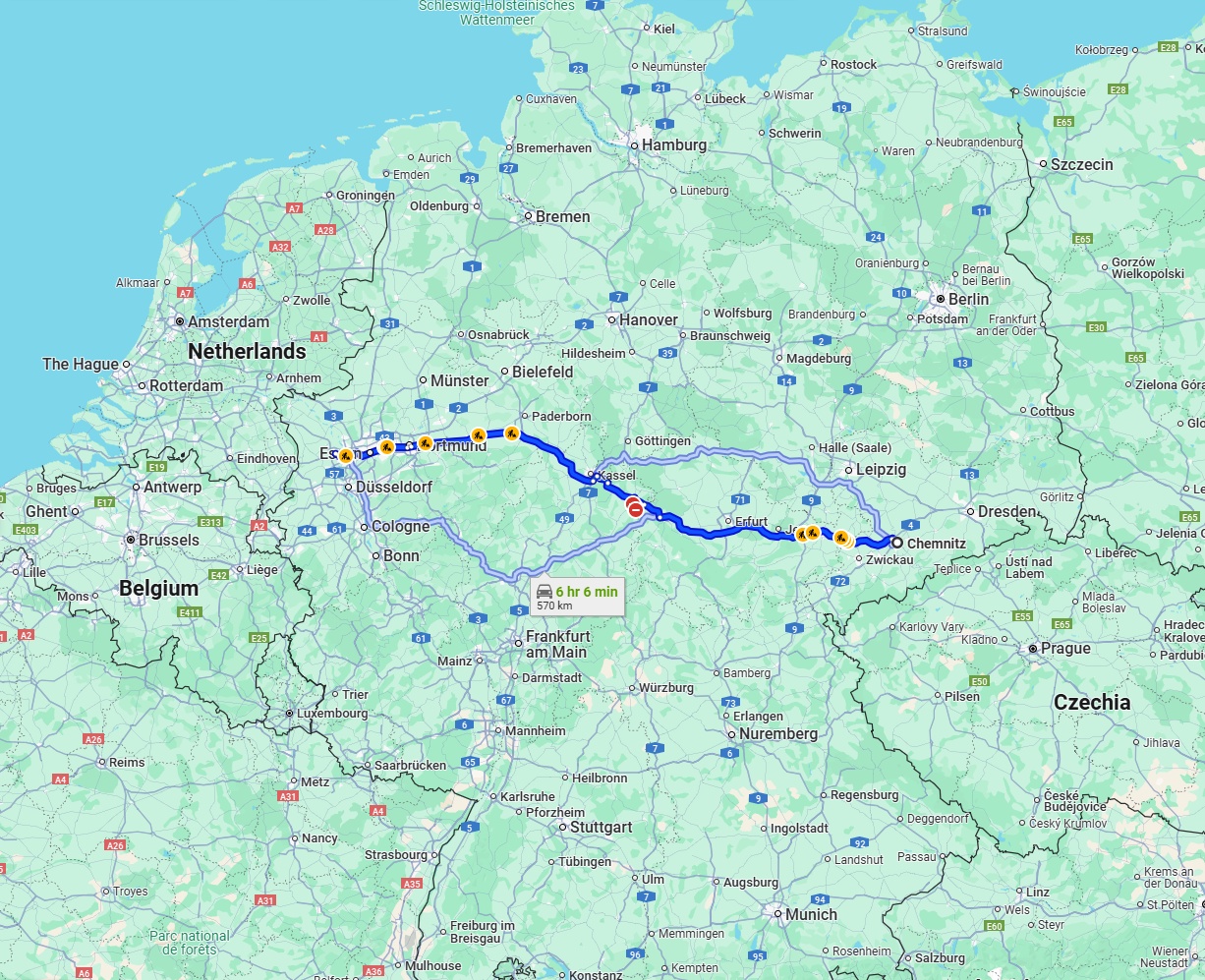 Anreise von Chemnitz Zu Moers Über via A4 and A44