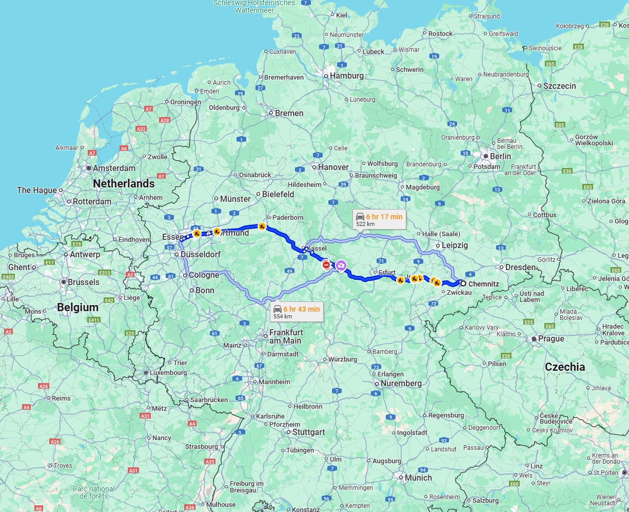 Anreise von Chemnitz Zu Mülheim an der Ruhr Über via A4 and A44