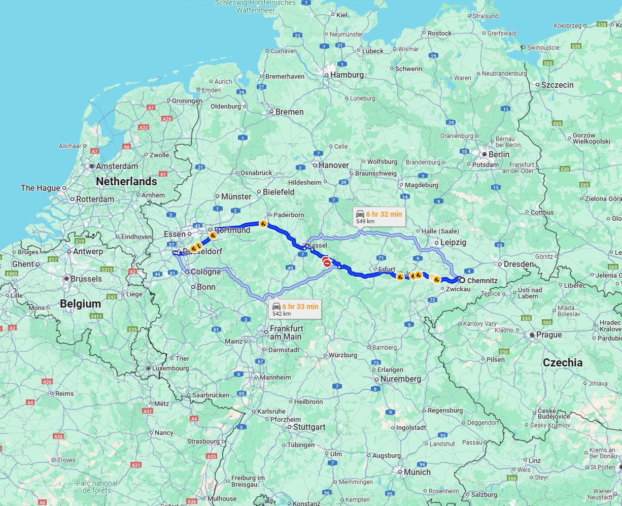 Anreise von Chemnitz Zu Neuss Über via A4 and A44