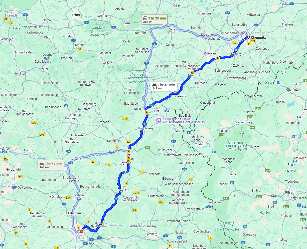 Anreise von Chemnitz Zu Nürnberg Über via A72 and A9
