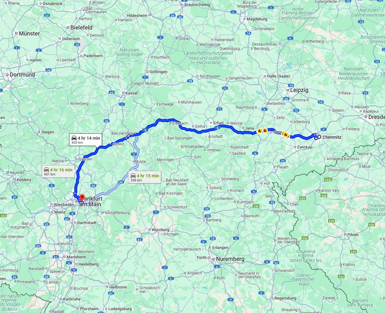 Anreise von Chemnitz Zu Offenbach am Main Über via A4 and A5