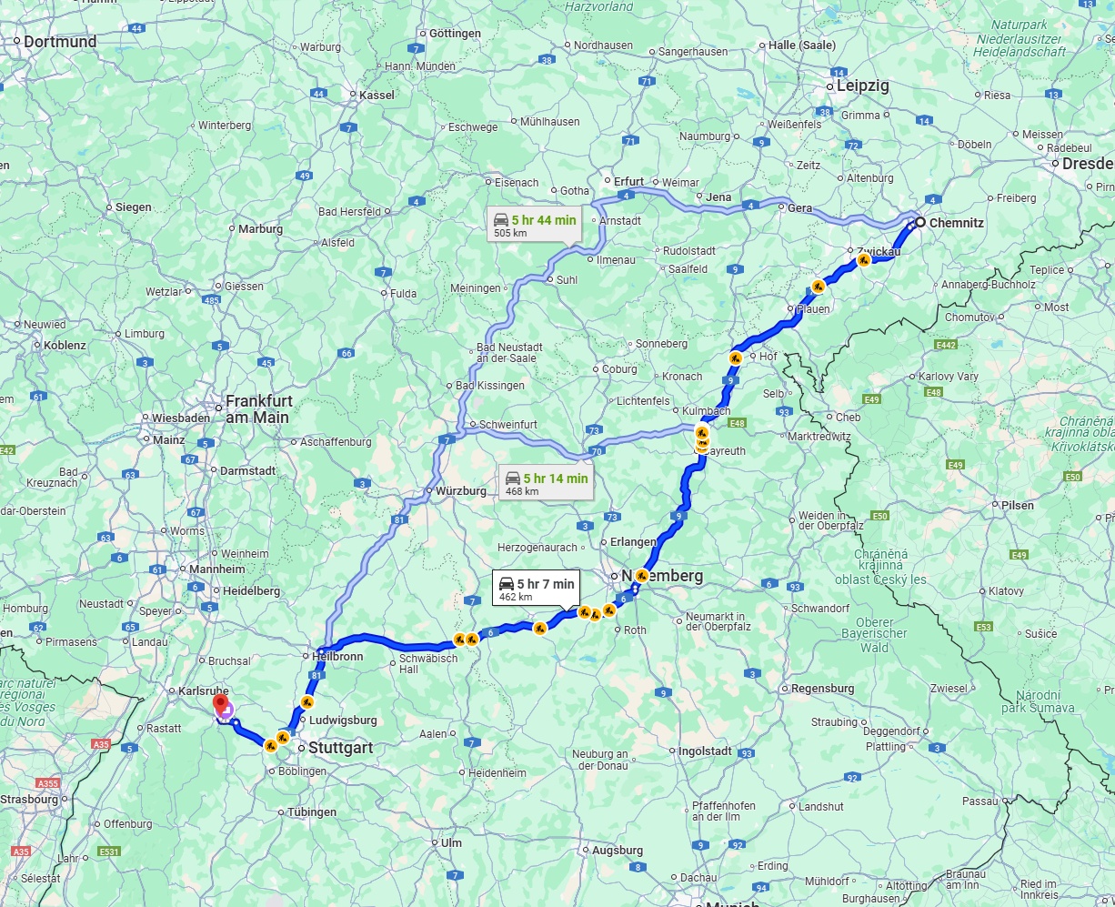 Anreise von Chemnitz Zu Pforzheim Über via A9 and A6