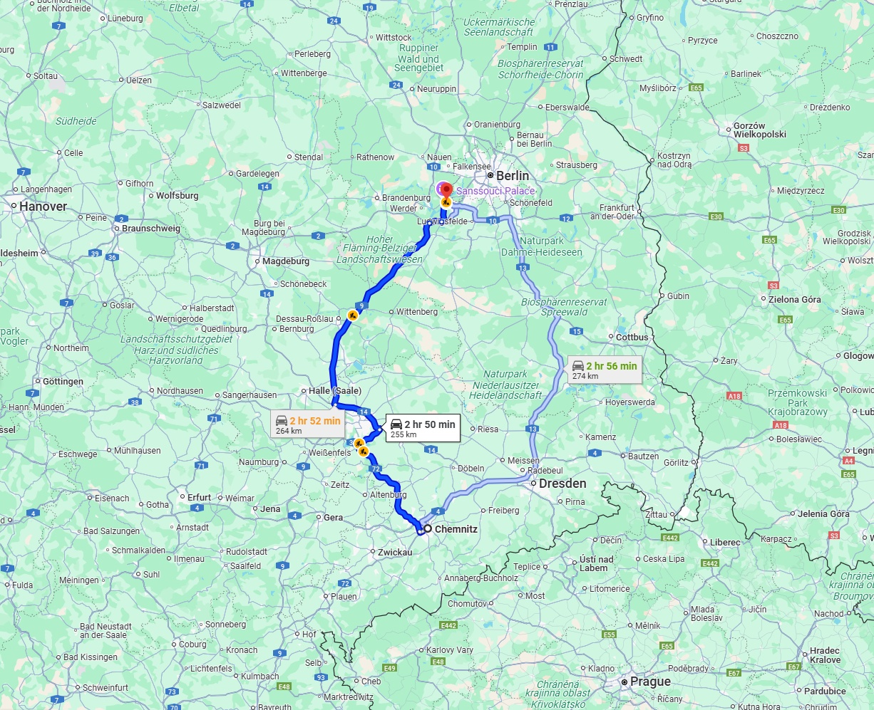 Anreise von Chemnitz Zu Potsdam Über via A72 and A9