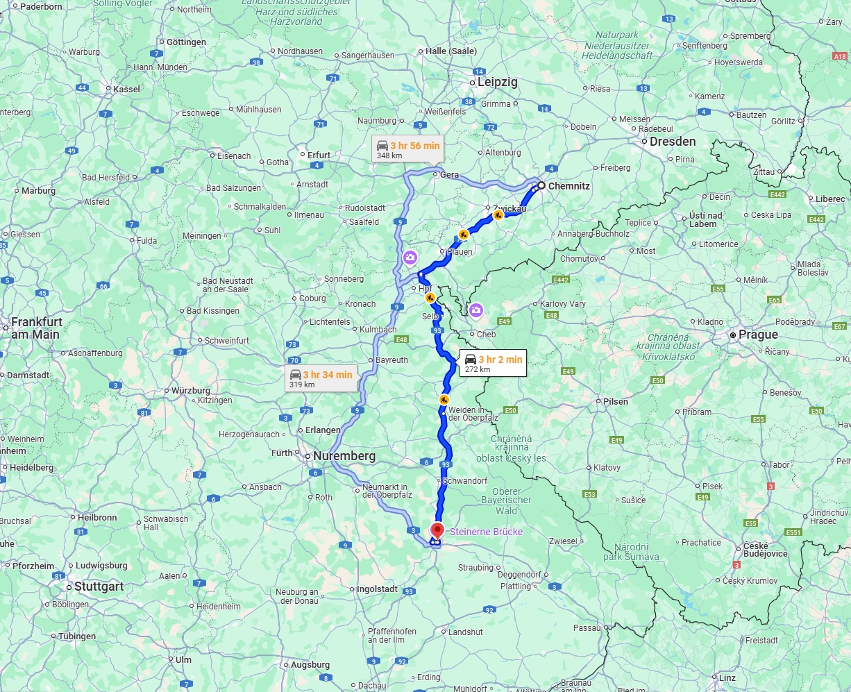 Anreise von Chemnitz Zu Regensburg Über via A72 and A93