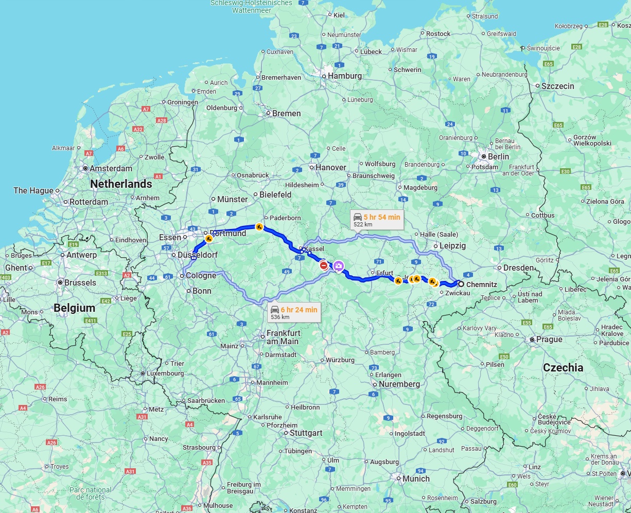 Anreise von Chemnitz Zu Remscheid Über via A4 and A44