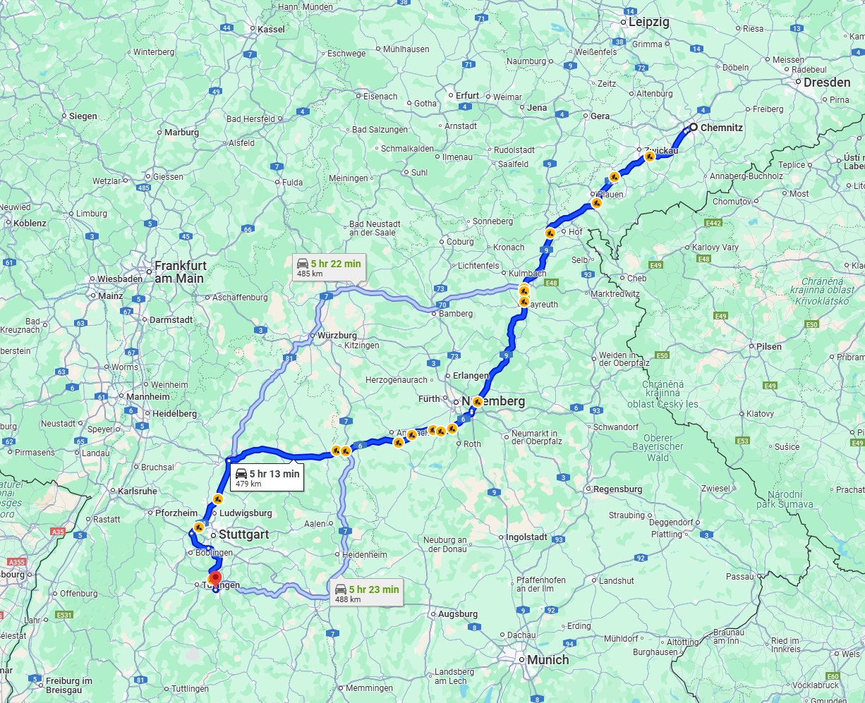 Anreise von Chemnitz Zu Reutlingen Über via A9 and A6