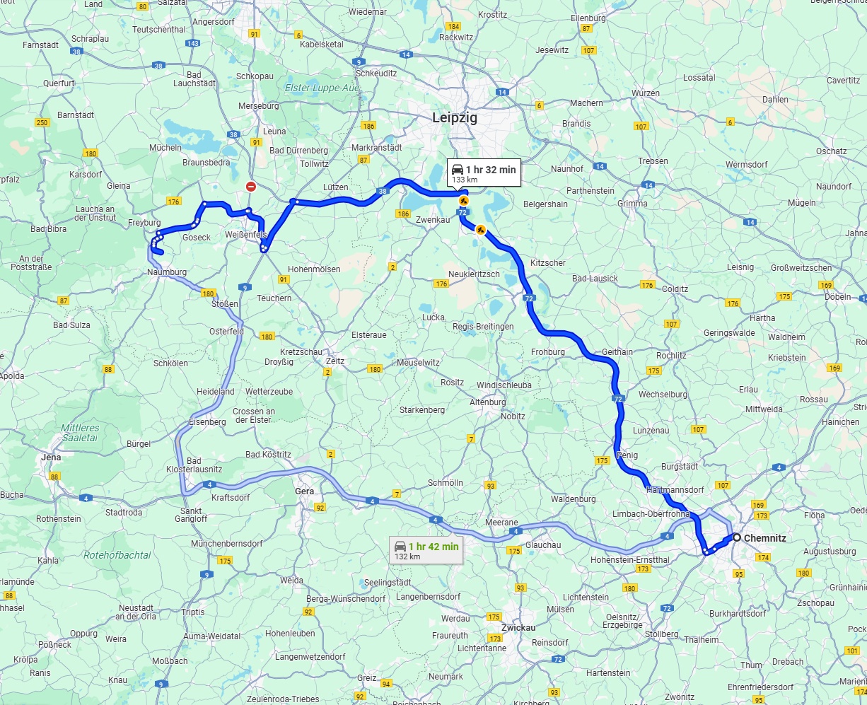 Anreise von Chemnitz Zu Saale Über via A72