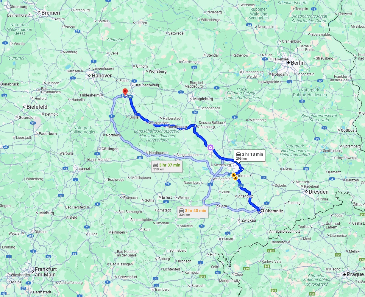 Anreise von Chemnitz Zu Salzgitter Über via A14 and A36
