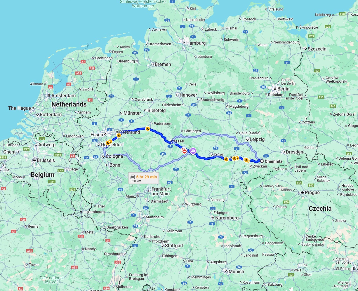 Anreise von Chemnitz Zu Solingen Über via A4 and A44
