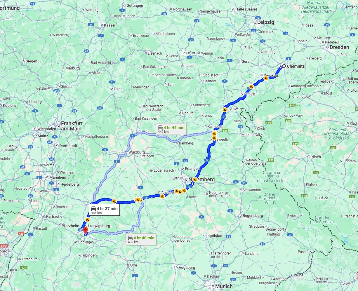 Anreise von Chemnitz Zu Stuttgart Über via A9 and A6