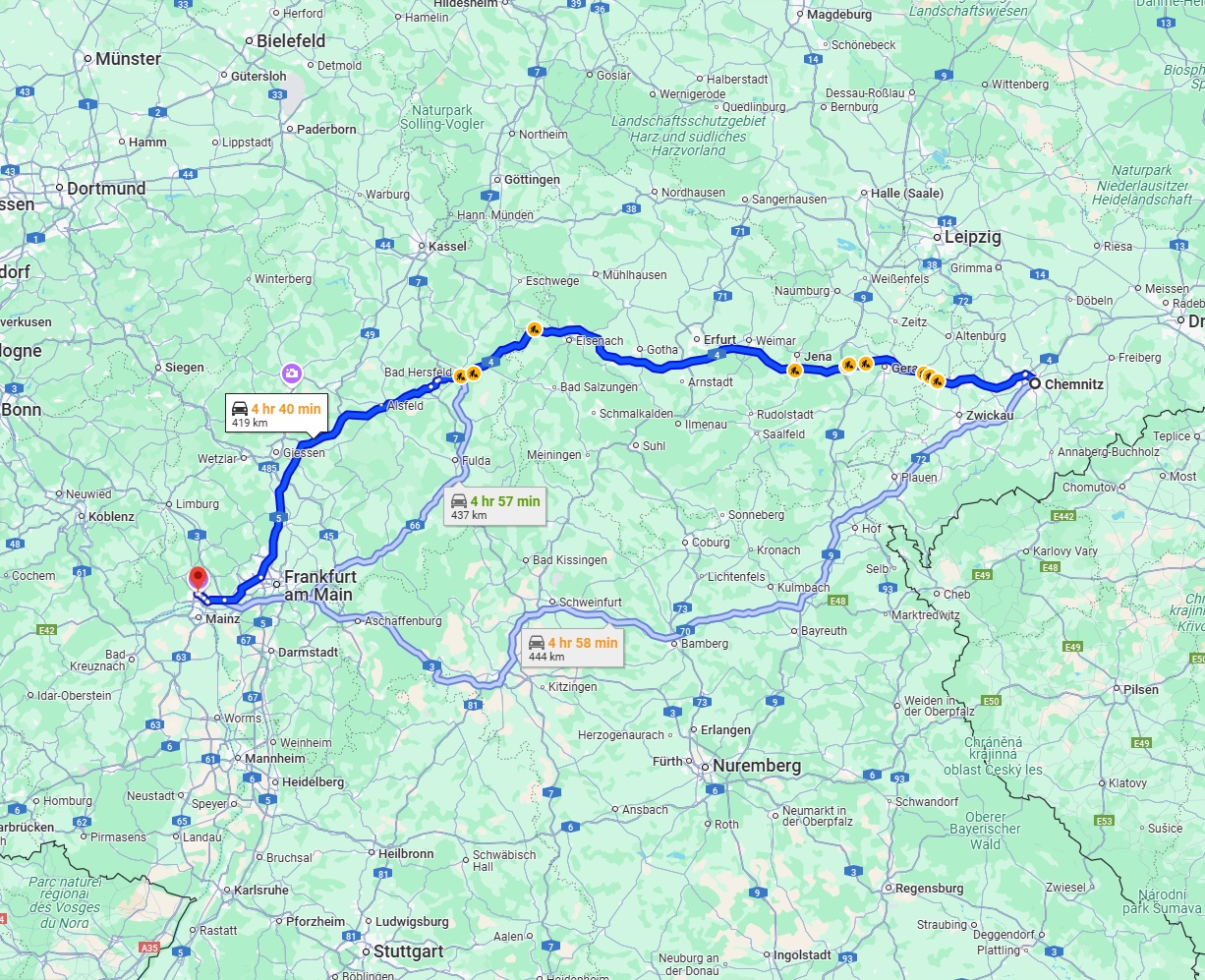 Anreise von Chemnitz Zu Wiesbaden Über via A4 and A5