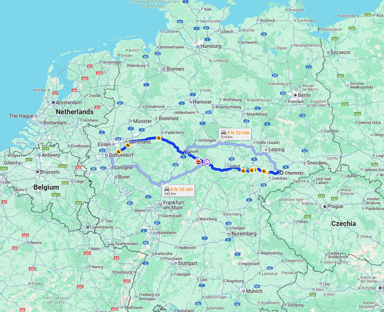 Anreise von Chemnitz Zu Wuppertal Über via A4 and A44