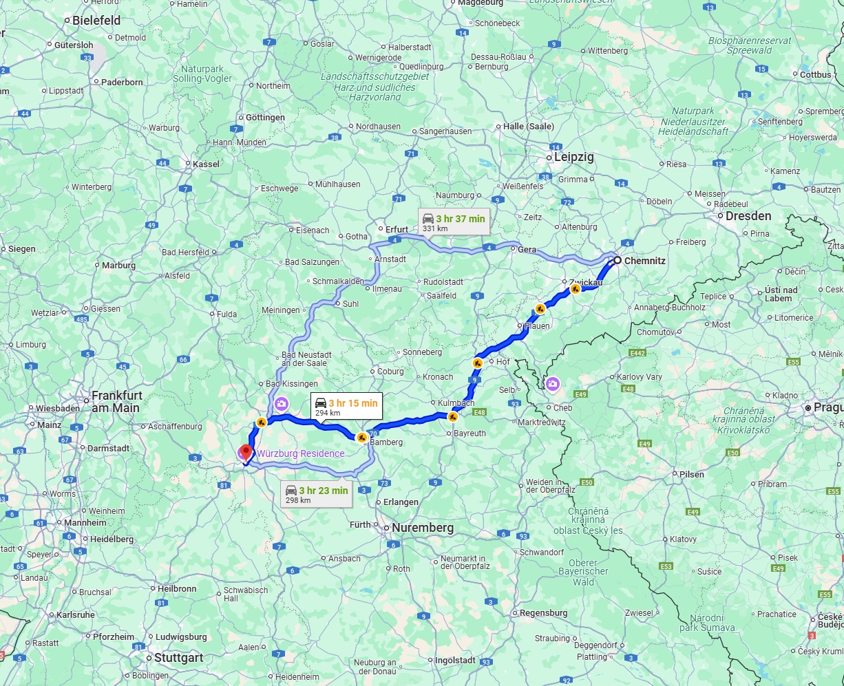 Anreise von Chemnitz Zu Würzburg Über via A72 and A70