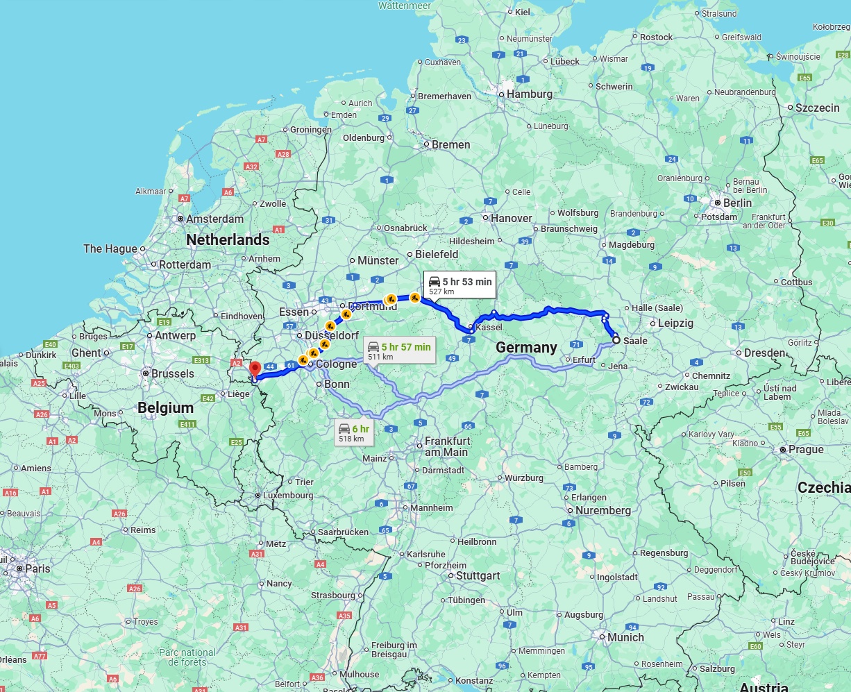 Anreise von Saale Zu Aachen Über via A38 and A44