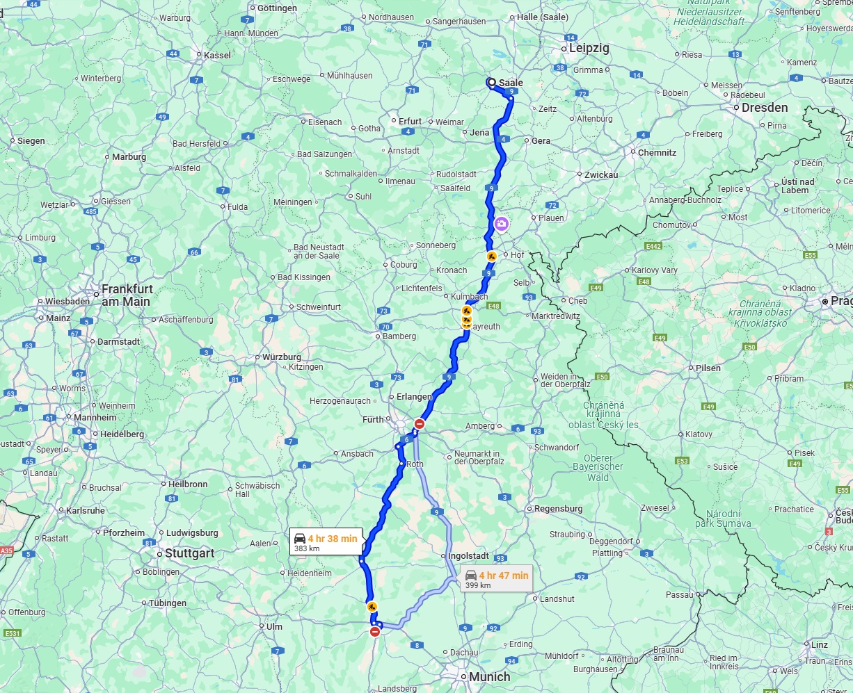 Anreise von Saale Zu Augsburg Über via A9 and B2