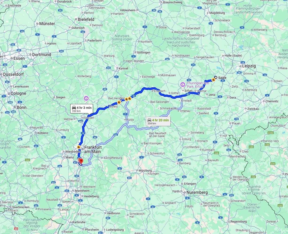 Anreise von Saale Zu Darmstadt Über via A4 and A5