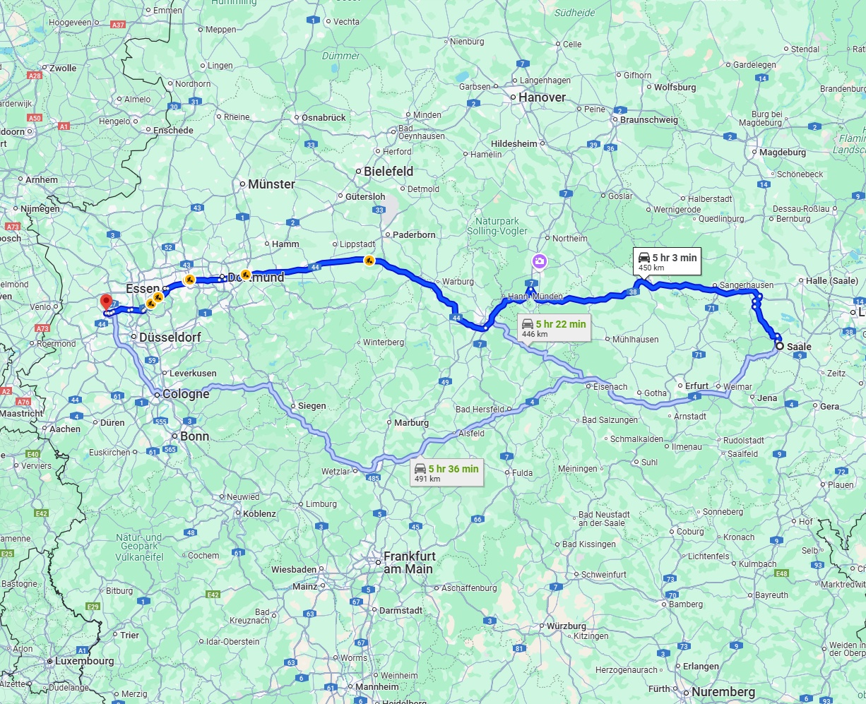Anreise von Saale Zu Krefeld Über via A38 and A44
