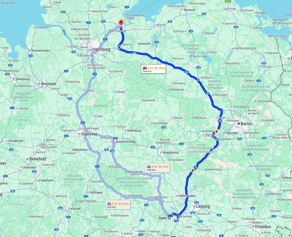 Anreise von Saale Zu Lübeck Über via A9 and A24